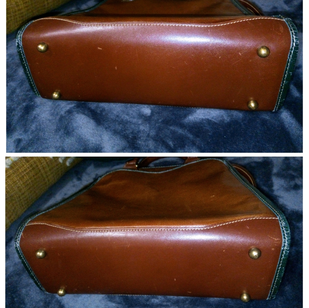 Brahmin Mini Bowler Leather Top Handle Satchel in Cognac Brown with Green Trim - Picture 12 of 14